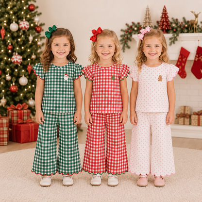 Girls Christmas Embroidered Boutique Set | Santa, Christmas Tree & Gingerbread Appliqué | Gingham Holiday Outfits