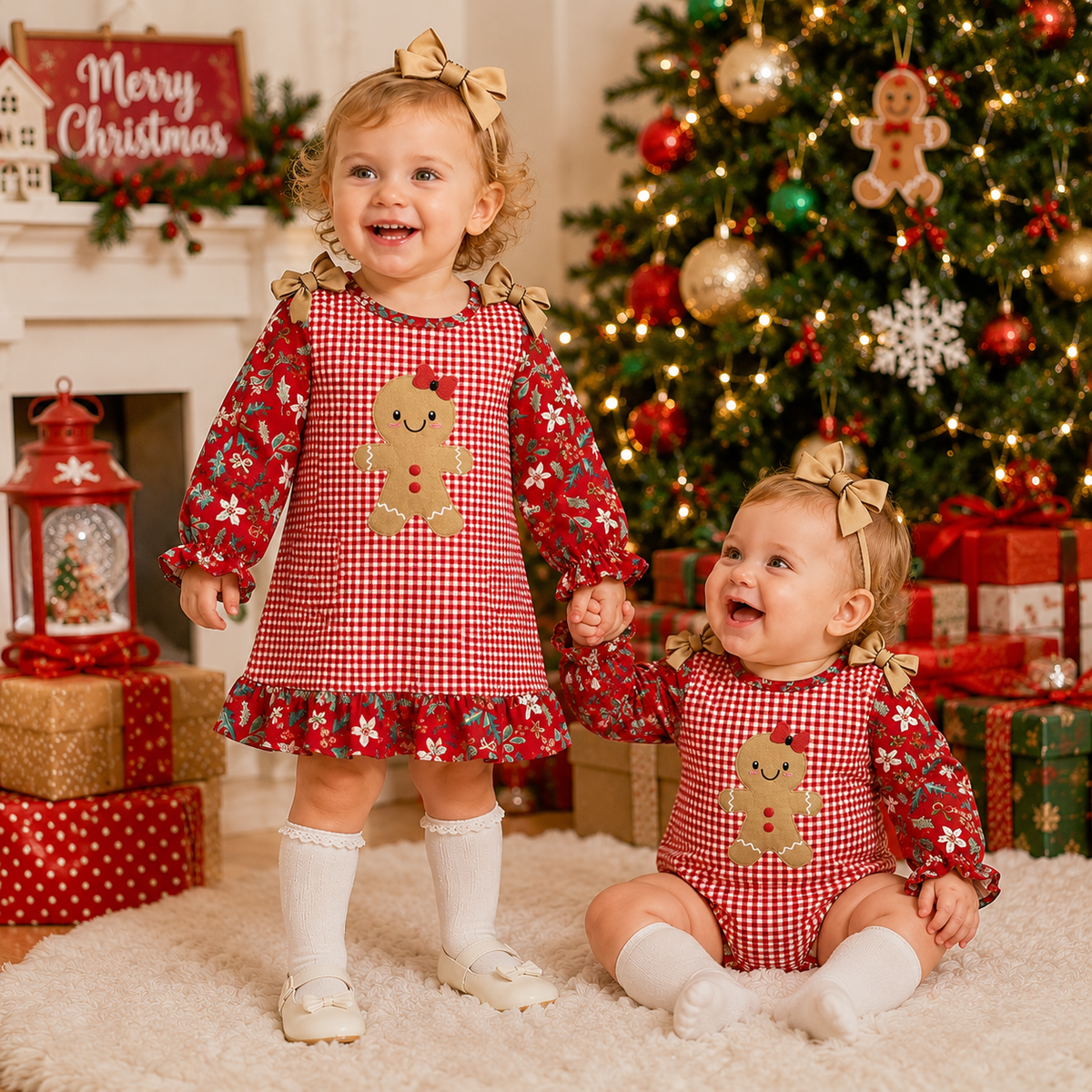 Christmas Gingerbread Embroidery Sister Matching Outfits – Girls Dress & Baby Romper