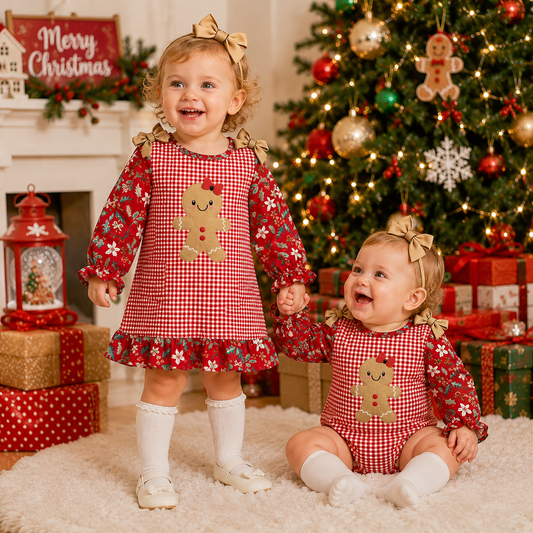 Christmas Gingerbread Embroidery Sister Matching Outfits – Girls Dress & Baby Romper