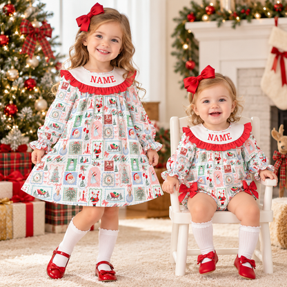 Personalized Christmas Girls Dress & Baby Romper – Custom Name Holiday Print Ruffle Sibling Outfit
