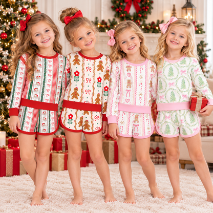 Girls Christmas Long Sleeve Shorts Set – Santa Gingerbread Plaid Holiday Pajama Outfit