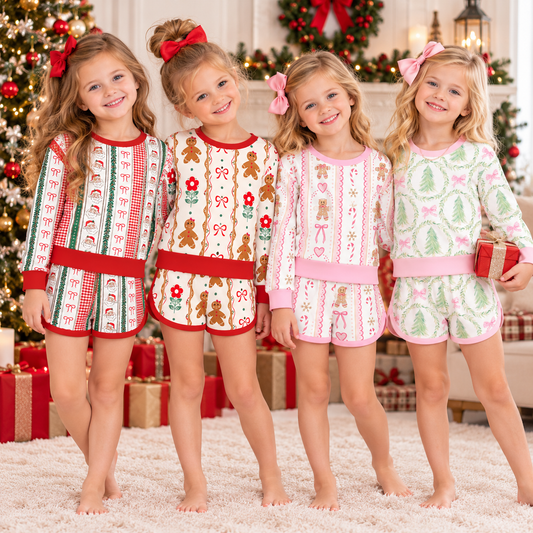 Girls Christmas Long Sleeve Shorts Set – Santa Gingerbread Plaid Holiday Pajama Outfit