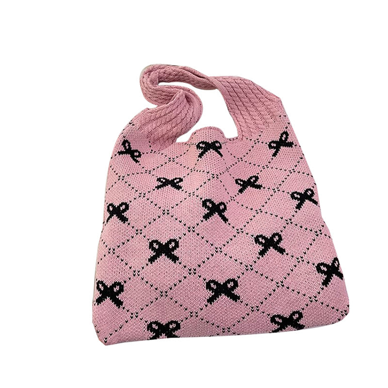 Knitted Bow Print Tote Bag Large Capacity Handbag 3 Colors