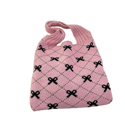 Knitted Bow Print Tote Bag Large Capacity Handbag 3 Colors