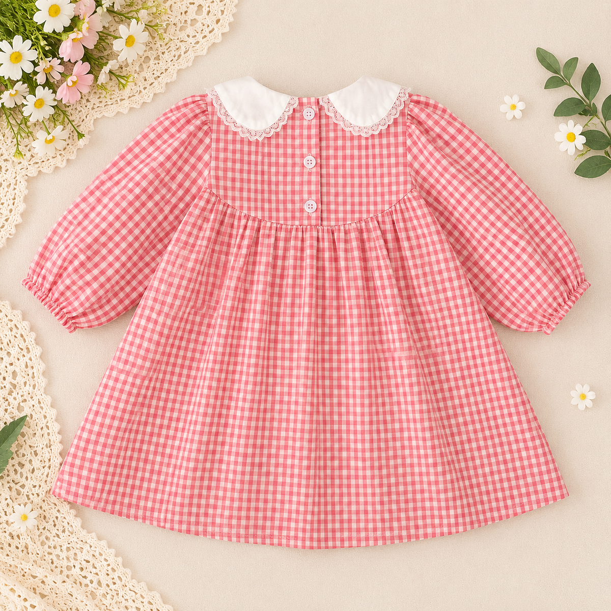 Girls Red Gingham Embroidered Dress & Baby Romper – Spring Cotton Sister Matching Outfit