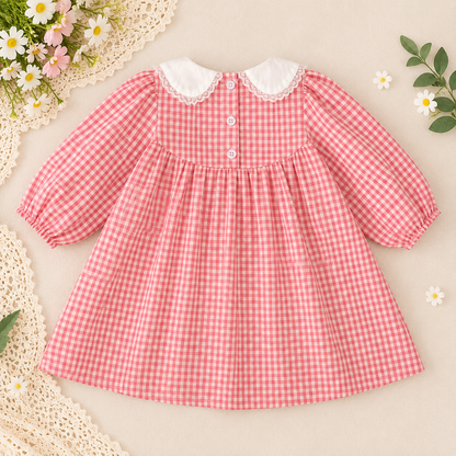 Girls Red Gingham Embroidered Dress & Baby Romper – Spring Cotton Sister Matching Outfit