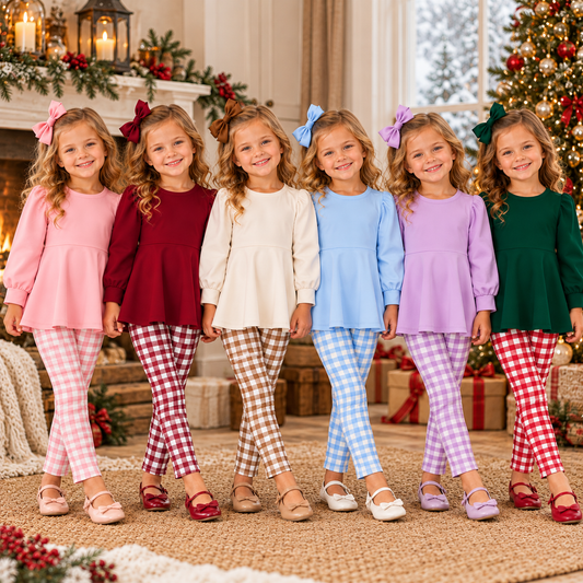 Girls Fall Winter Gingham Plaid Leggings Set – Long Sleeve Puff Sleeve Peplum Tunic Top & Checkered Pants 2-Piece Outfit