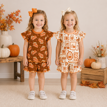 Girls Thanksgiving Boutique Outfit | Pumpkin Pie & Fall Print Flutter Sleeve Top and Shorts Set | Autumn Toddler Clothing