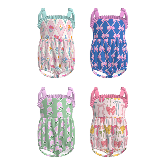 Girls Summer Bow Floral Print Slip Bubble Romper