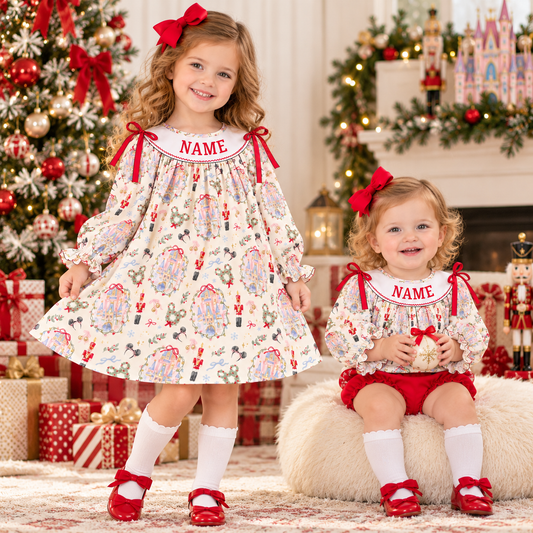 Personalized Christmas Girls Dress & Bloomer Set – Custom Name Holiday Castle Print Matching Sister Outfit