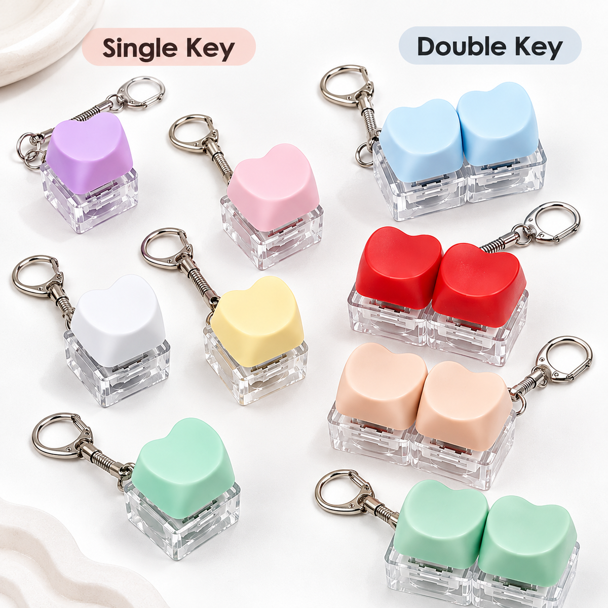 Heart Keycap Fidget Keychain Single & Double Key Clicker Keyboard Stress Relief Bag Charm