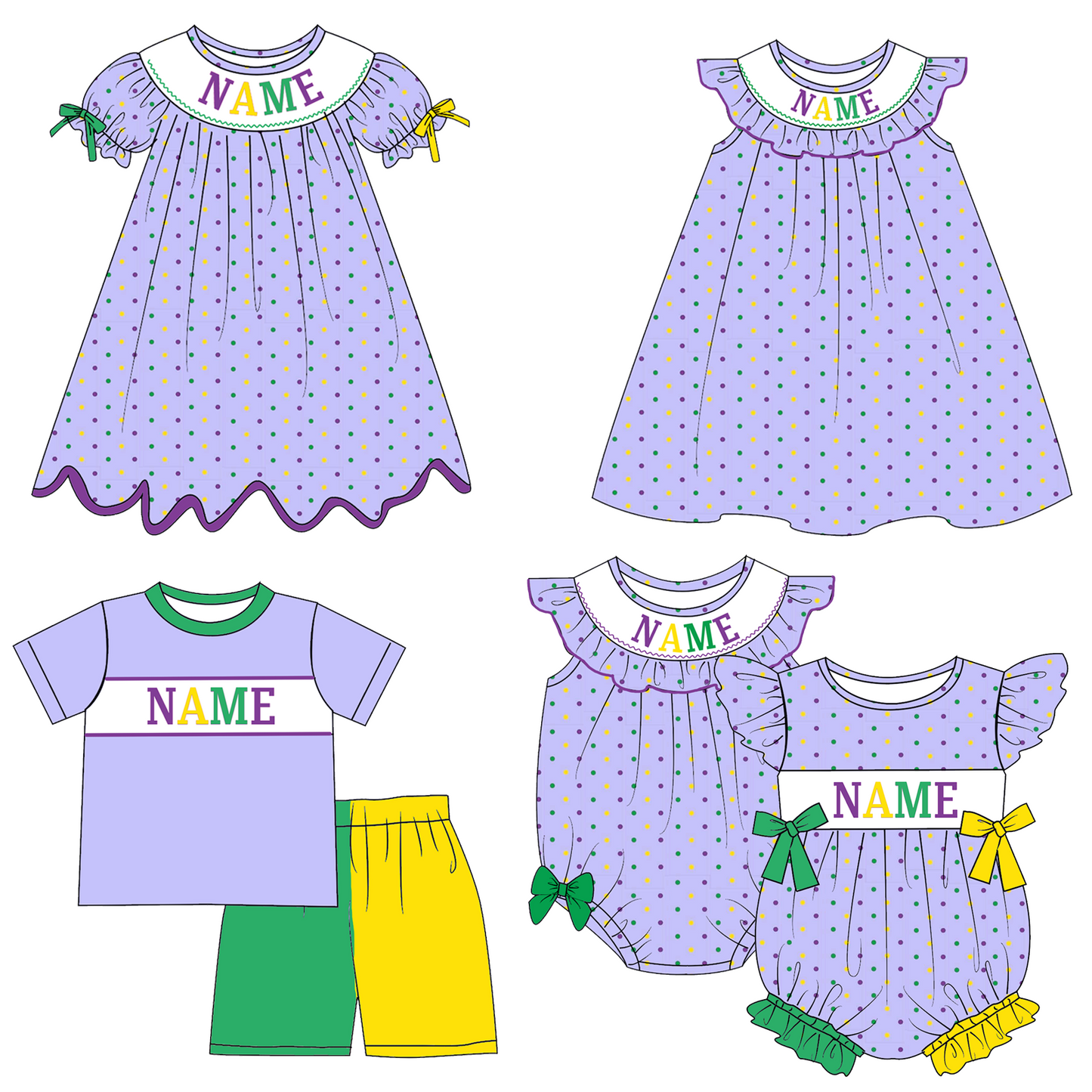 Personalized Mardi Gras Smocked Outfits for Kids – Custom Name Embroidered Sibling Matching Dresses, Rompers & Boys Set
