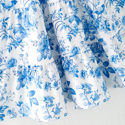 Women Summer Blue Floral Print Milk Silk Soft Dress