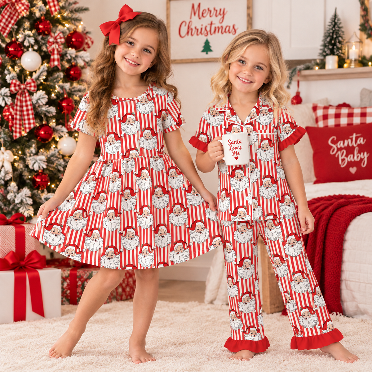 Girls Santa Christmas Dress & Ruffle Pajama Set – Red Stripe Holiday Collection