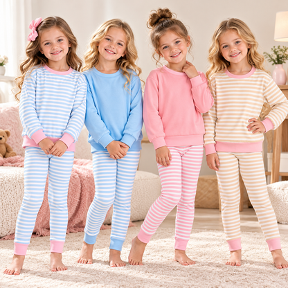 Girls Fall Winter Striped Lounge Set – 2 Piece Long Sleeve Sweatshirt & Leggings Outfit, Cozy Kids Casual Clothing