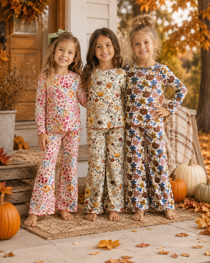 Girls Fall Floral Two-Piece Outfit – Long Sleeve Scalloped Top & Flare Pants Set