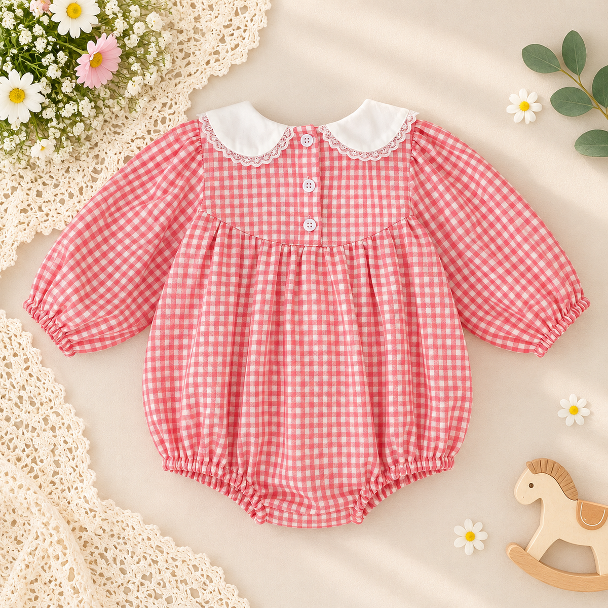 Girls Red Gingham Embroidered Dress & Baby Romper – Spring Cotton Sister Matching Outfit