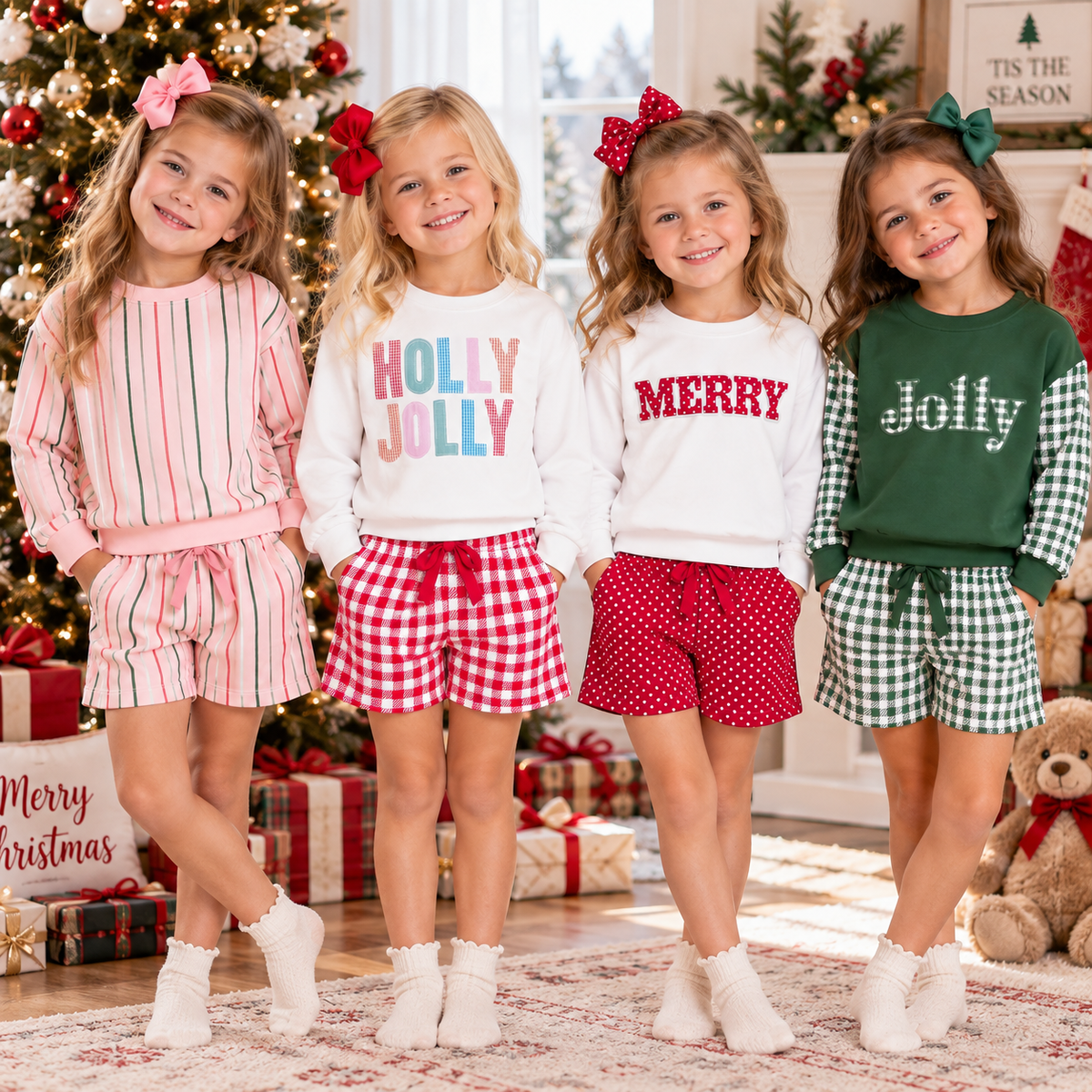 Christmas Girls Long Sleeve Sweatshirt & Printed Shorts Set – Holiday Holly Jolly Merry Plaid Outfit