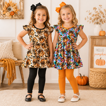 Girls Halloween Pumpkin Print Ruffle Dress & Leggings 2-Piece Outfit Set