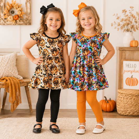 Girls Halloween Pumpkin Print Ruffle Dress & Leggings 2-Piece Outfit Set