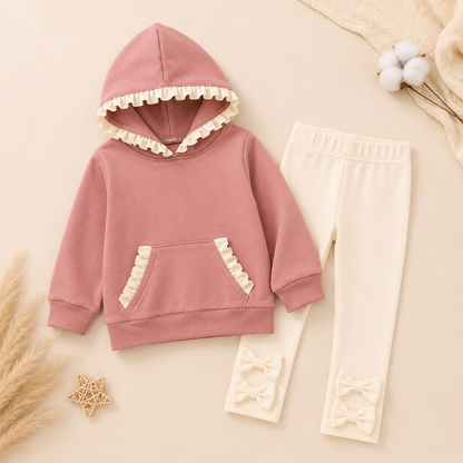 Girls’ Fall Ruffle Hoodie & Bow Leggings Set – Boutique Two-Piece Outfit