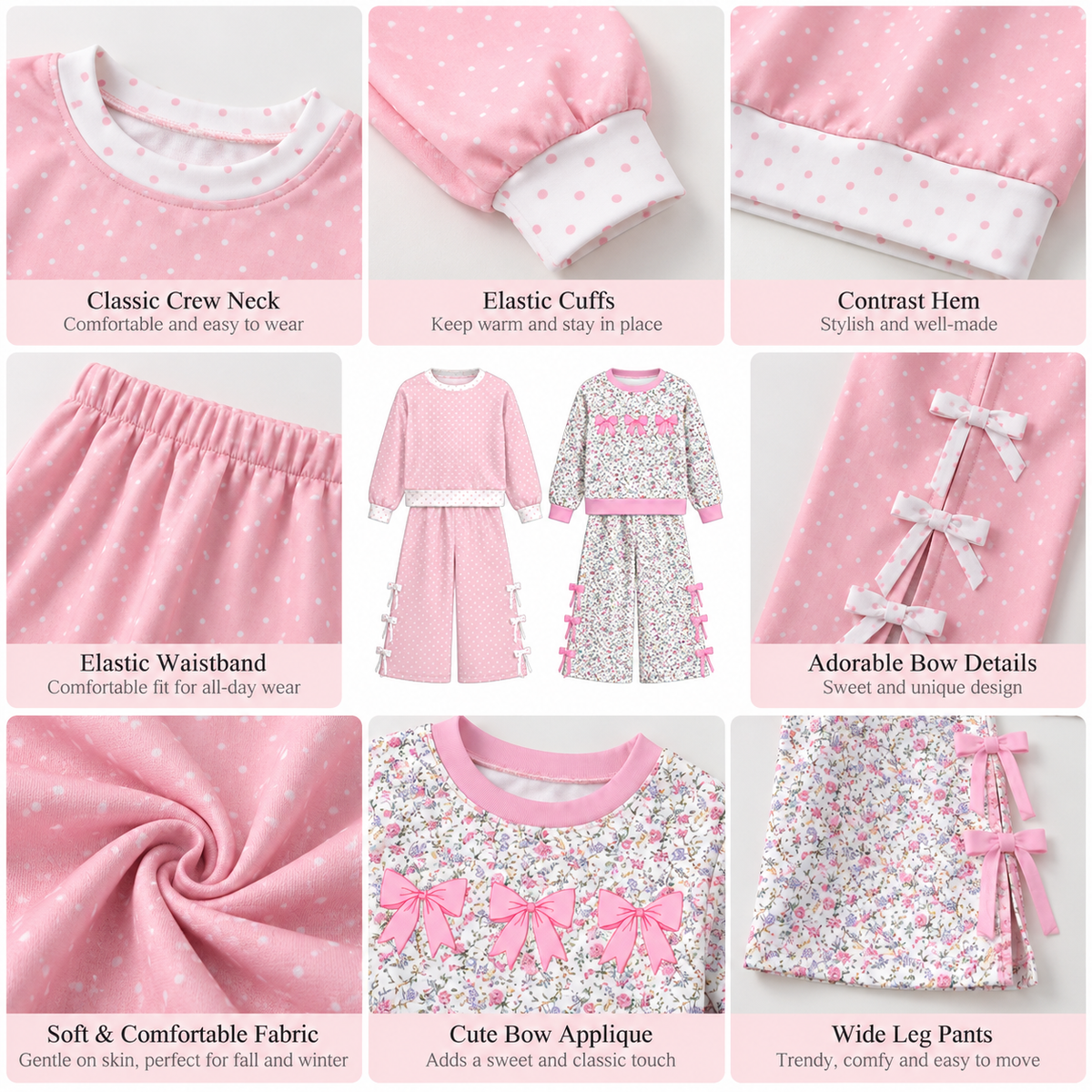 Girls Fall Winter Bow Detail Two-Piece Outfit – Pink Polka Dot & Floral Print Long Sleeve Top with Wide Leg Pants Set
