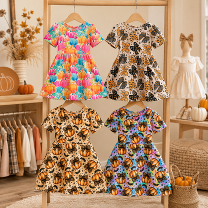 Girls Halloween Pumpkin Print Twirl Dress | Soft Short Sleeve A-Line Dress for Fall & Halloween