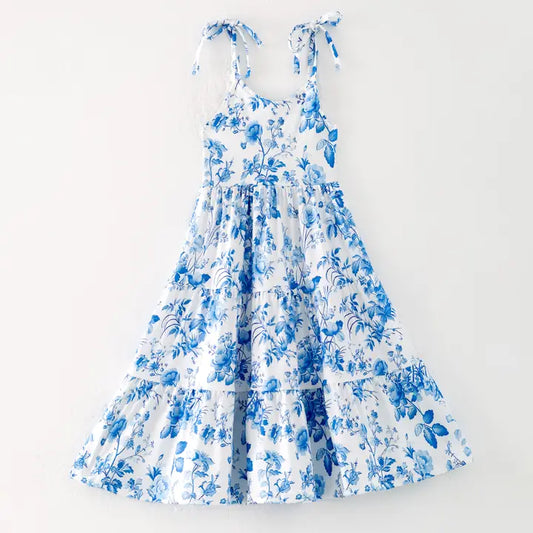 Women Summer Blue Floral Print Milk Silk Soft Dress