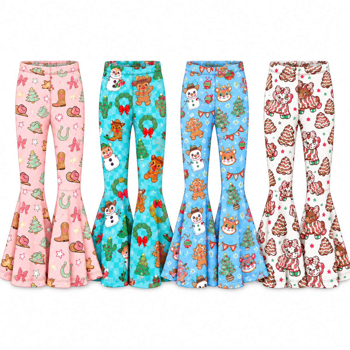Girls Christmas Western Bell Bottom Pants – Holiday Cowboy Gingerbread Printed Flare Pants