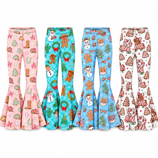 Girls Christmas Western Bell Bottom Pants – Holiday Cowboy Gingerbread Printed Flare Pants