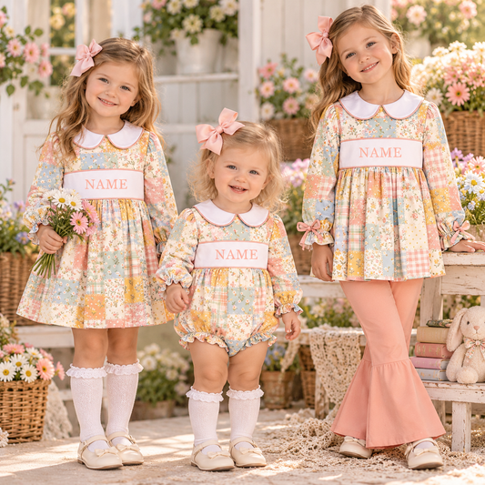 Personalized Girls Spring Floral Patchwork Smocked Outfits – Custom Name Embroidered Dress, Bubble Romper & Ruffle Flare Pants Set