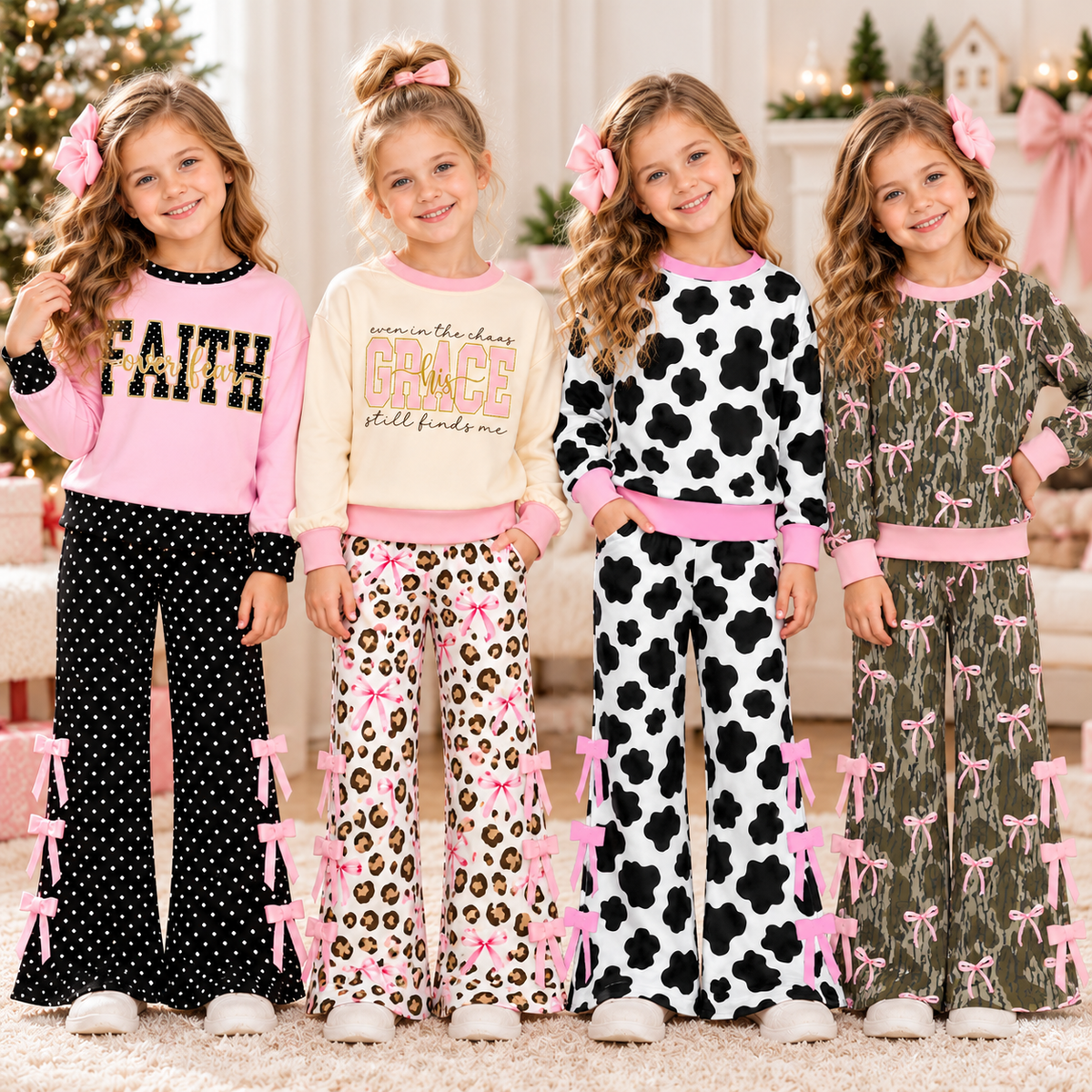Girls Fall Winter Long Sleeve Wide Leg Pants Set – Cow Print, Leopard, Pink Bow & Faith Graphic Two-Piece Outfit