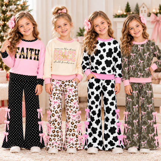 Girls Fall Winter Long Sleeve Wide Leg Pants Set – Cow Print, Leopard, Pink Bow & Faith Graphic Two-Piece Outfit