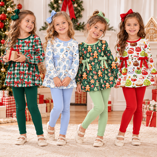 Christmas Girls Long Sleeve Tunic & Leggings Set – Holiday Bow Gingerbread Snowman Print Two-Piece Outfit