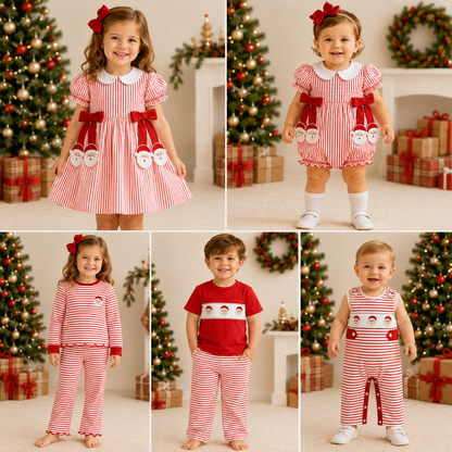 Christmas Santa Smocked Embroidery Kids Holiday Outfits Collection