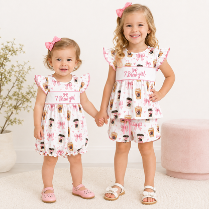 Girls Pink Bow & Coffee Print Smocked Embroidered Outfit – Dress, Romper & Shorts Set
