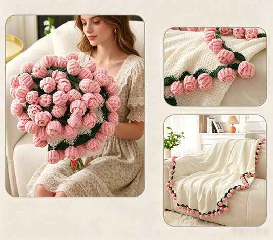99 Roses Flower Edge Knit Throw Bouquet Style Floral Blanket