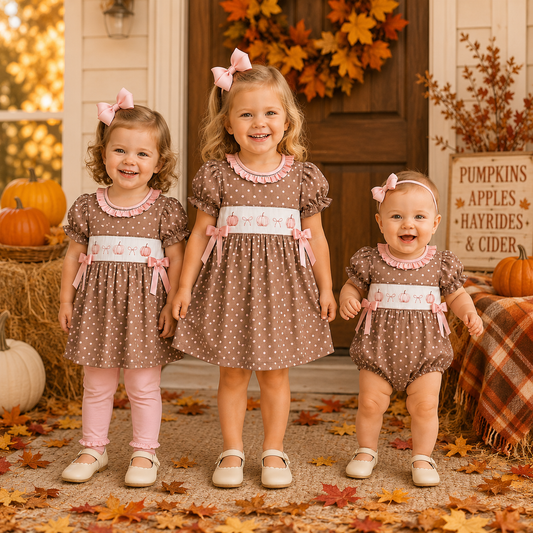 Fall Pumpkin Smocked Embroidered Girls Matching Collection – Dress, Pants Set & Baby Romper