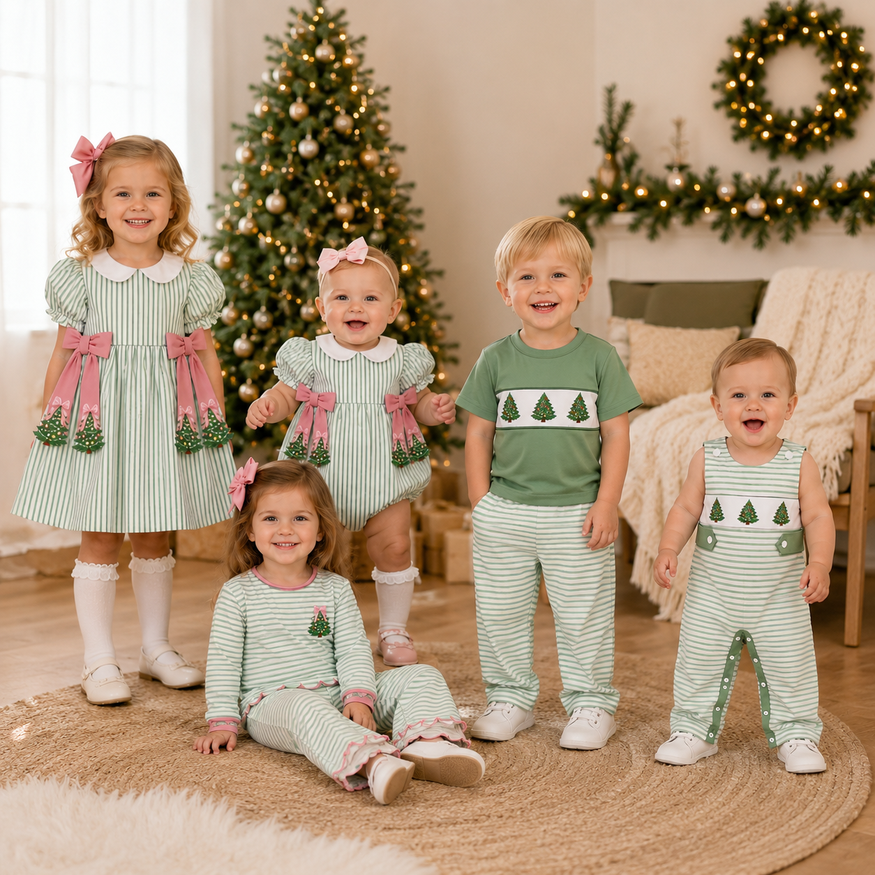 Christmas Tree Embroidered Sibling Matching Collection – Girls Dress, Romper & Two-Piece Sets, Boys Outfit & Sleeveless Romper