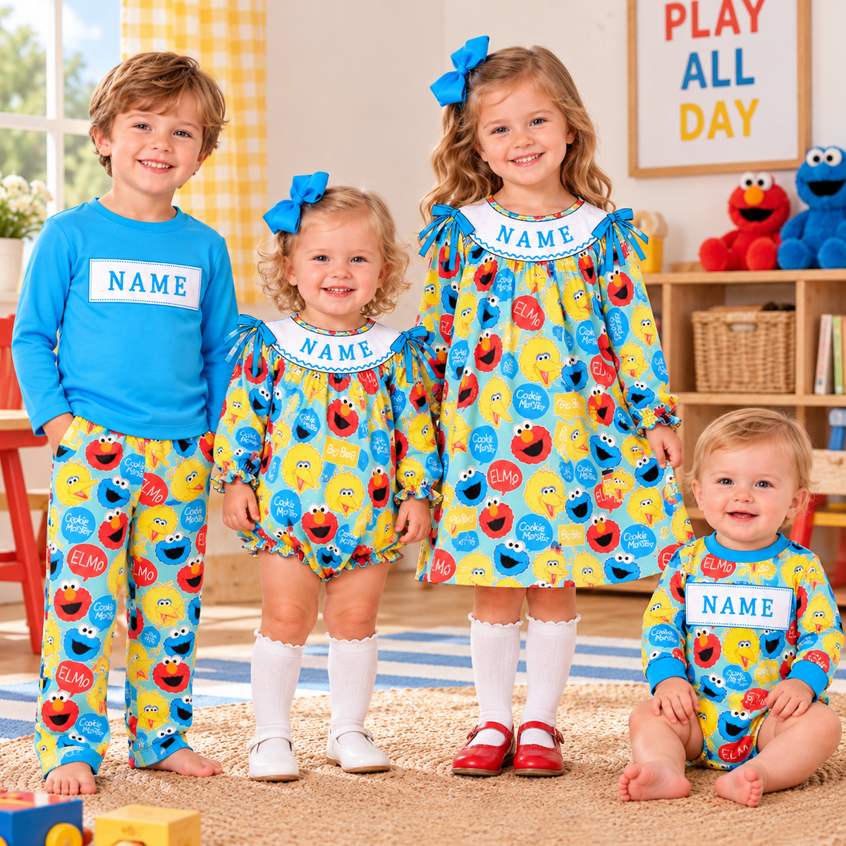 Personalized Kids Cartoon Smocked Embroidery Collection – Custom Name Girls Dress, Bubble Romper & Boys Long Sleeve Pants Set