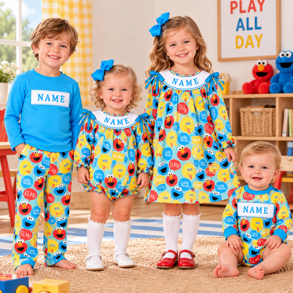 Personalized Kids Cartoon Smocked Embroidery Collection – Custom Name Girls Dress, Bubble Romper & Boys Long Sleeve Pants Set
