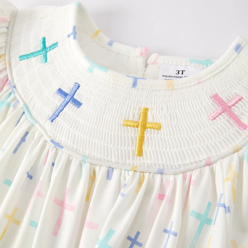 Toddler Girls Easter Cross Smocking Embroidery Dress