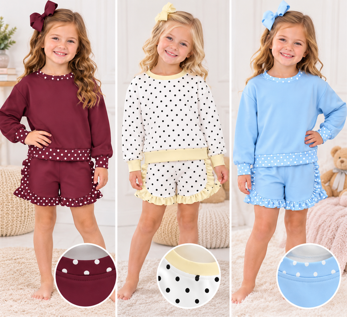 Girls Fall Winter Polka Dot Ruffle Shorts Set – Long Sleeve Sweatshirt & Ruffle Bottom Outfit
