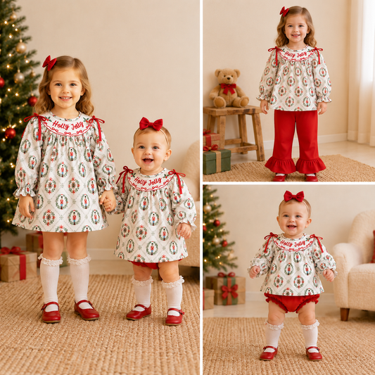 Christmas Holly Jolly Smocked Embroidery Girls Holiday Outfits