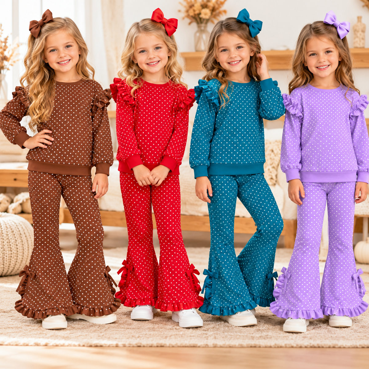 Girls Fall Winter Polka Dot Ruffle Outfit Set – Long Sleeve Top & Bell Bottom Flared Pants