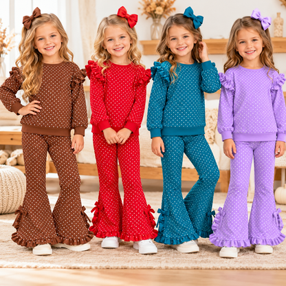 Girls Fall Winter Polka Dot Ruffle Outfit Set – Long Sleeve Top & Bell Bottom Flared Pants