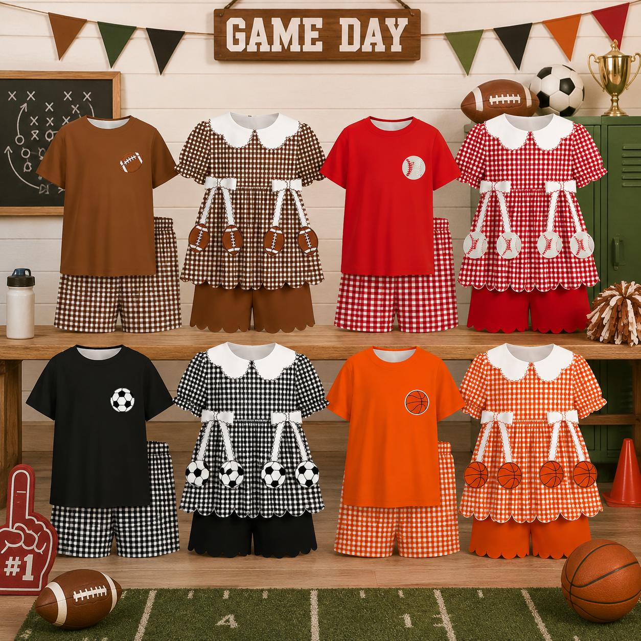 Kids Game Day Sports Gingham Matching Sets – Football, Baseball, Soccer & Basketball Outfits
