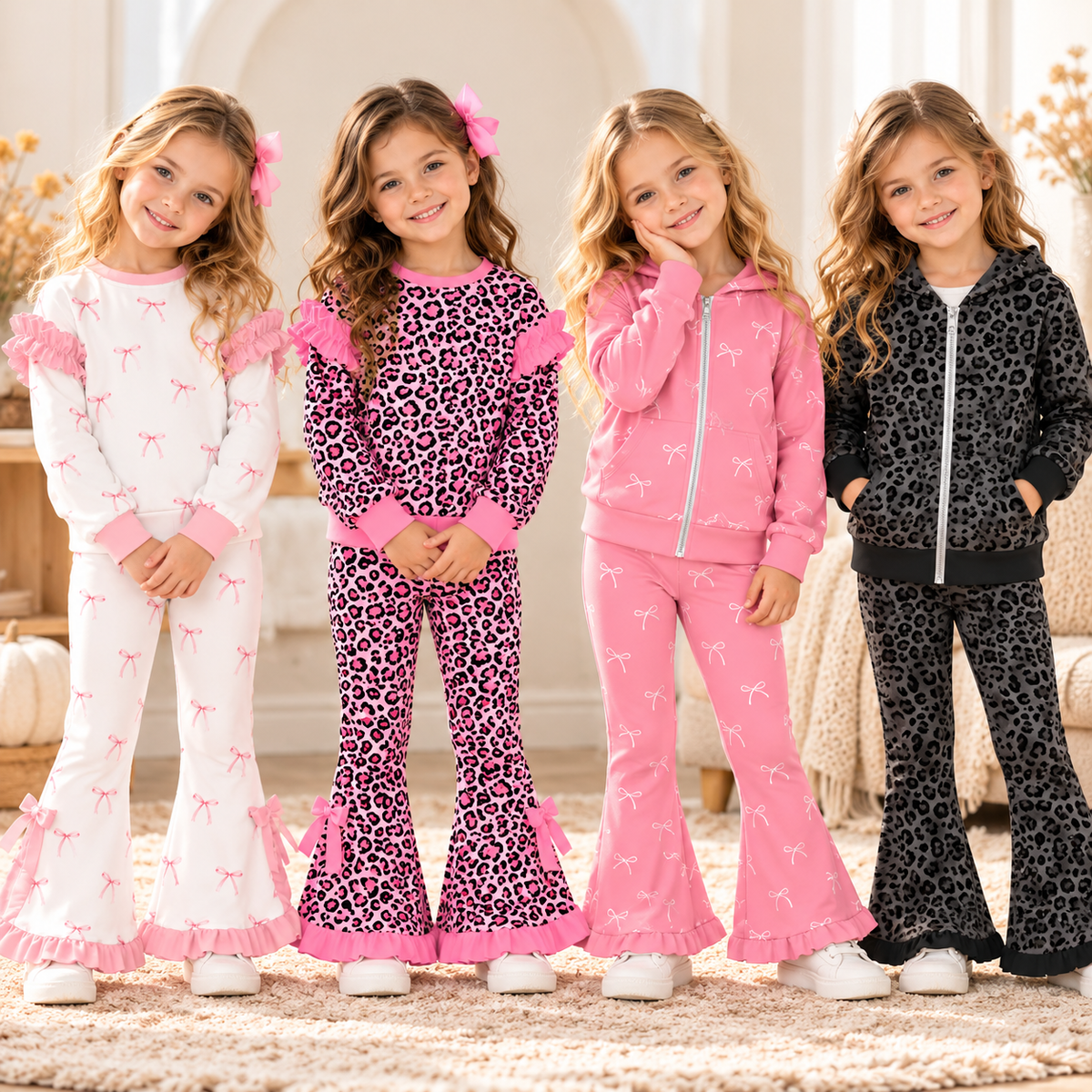 Girls Fall Winter Bow & Leopard Print Flare Pants Set – Long Sleeve Ruffle Sweatshirt or Zip-Up Hoodie 2-Piece Outfit