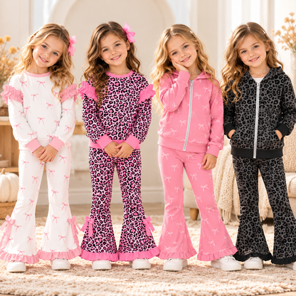 Girls Fall Winter Bow & Leopard Print Flare Pants Set – Long Sleeve Ruffle Sweatshirt or Zip-Up Hoodie 2-Piece Outfit