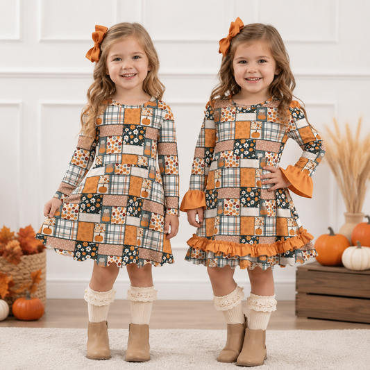 Fall Pumpkin Patchwork Twirl Dress & Ruffle Dress | Girls Boutique Long Sleeve Autumn Outfit | Halloween & Thanksgiving Collection